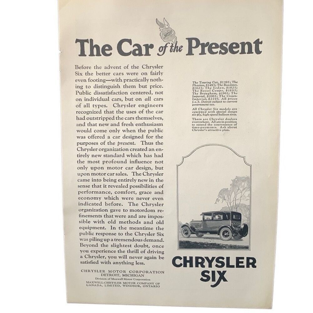 Vintage 1925 Chrysler Six Car of the Present Ad Advertisement